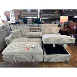 corduroy sleeper sectional sofa with storage chaise  with cup holder  - Tax Season Sale !