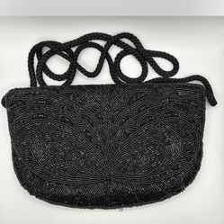 Black Beaded Crossbody Purse With Butterfly Bead Pattrrn