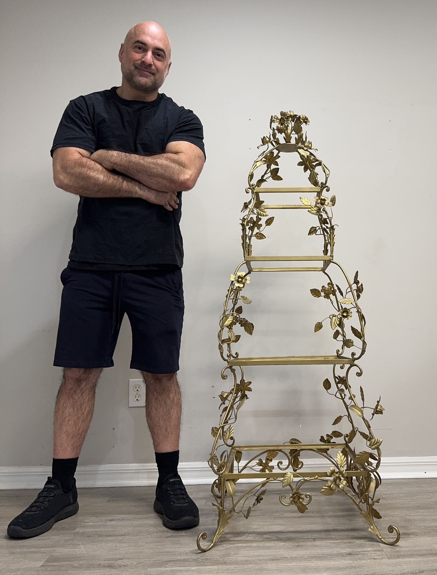 Rare Mid Century 1950s Four Tier Italian Etagere! Elegant Gold Gilt Floral Statement Piece!!