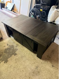 Rustic Farmhouse Lift Top Coffee Table with Sliding Barn Doors & Hidden Storage