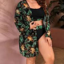 Swim Curve Plus Size Tropical Print Bikini Set, Non-Wired T-Shirt Top