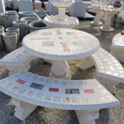 Concrete Mosaic Picnic Table with 3 Benches/ Outdoor Patio Furniture