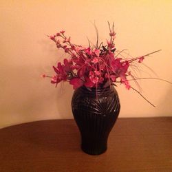 Black Vase With Pink, Black & Burgundy Flowers