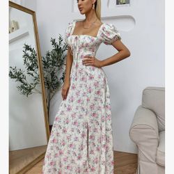 Cute Women Puff Sleeve Floral Maxi Dress