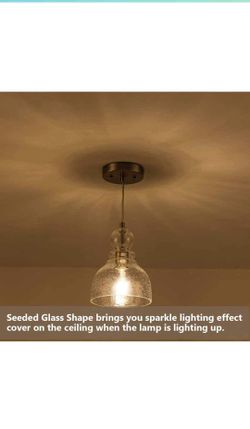 LANROS Farmhouse Kitchen Pendant Lighting with Handblown Clear Seeded Glass Shade, Adjustable Cord Mini Ceiling Light Fixture for Kitchen Island Sink,