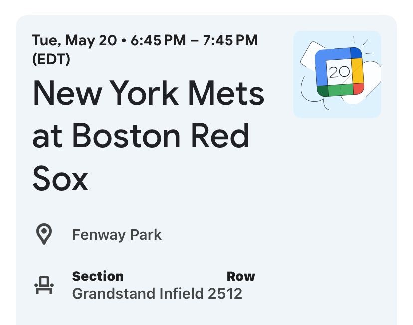 Red Sox Vs NY Mets Ticket For Tuesday 5/20/25