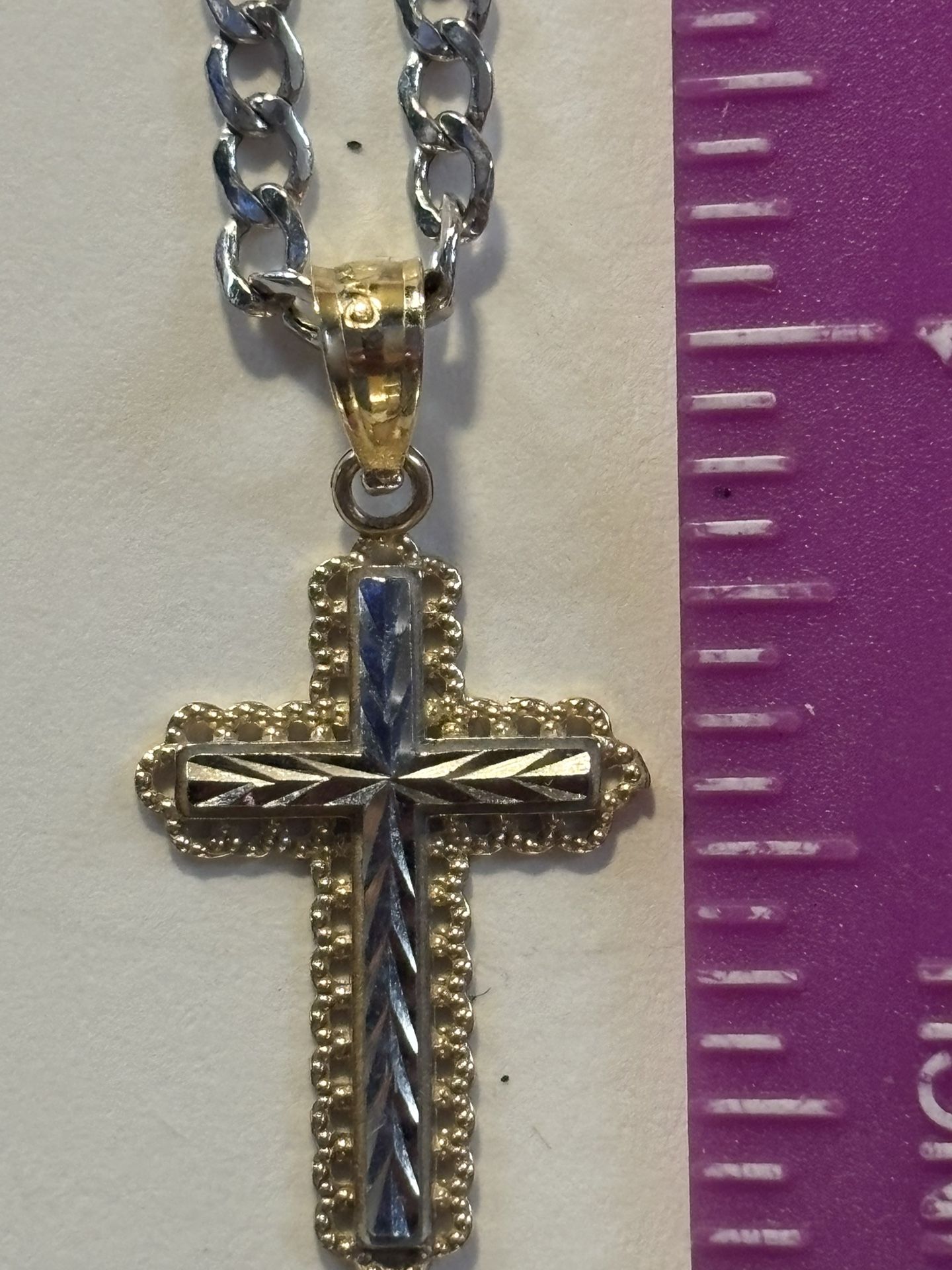 10k White Gold 20” Petite Chain With 14k Yellow And White gold Cross Pendant
