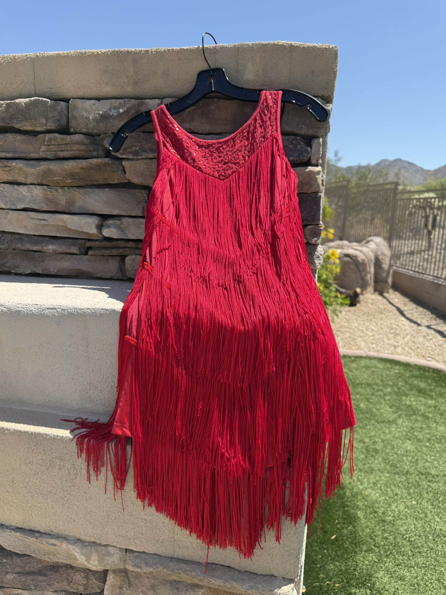 Red fringe dance performance leotard/costume women’s size small by Balera Fabric: dress 92% nylon and 18% spandex Botis and insert 82% nylon and 18%