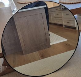 Round black frame mirror, 35.5" diameter, hanging hooks