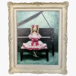 Oil Painting Impressionist Girl In Pink At Piano Recital Artist Joyce Dunaway Framed VTG