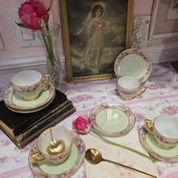 Vintage M&Z Austria Tea Cups & Saucers – Pink Roses, Mint Green, Gold Trim