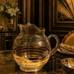 Antique Fine Art Clear Glass REAL 22k GOLD Original Vintage PITCHER Striped Deco Artist Artisan Decorator Decorating Accents Macbeth-Evans HILLCREST