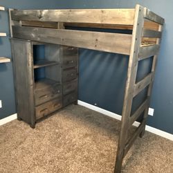 Rustic Solid Wood Loft Bed with Built-In Dresser and Shelving $400