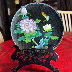 1960’ Jing Fa Chinese Cloisonné / Enamel Plate With Display Stand 7.5”