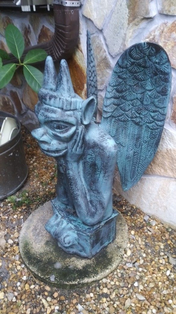 Pair Of Cast Iron Antique Winged Horned Gargoyle