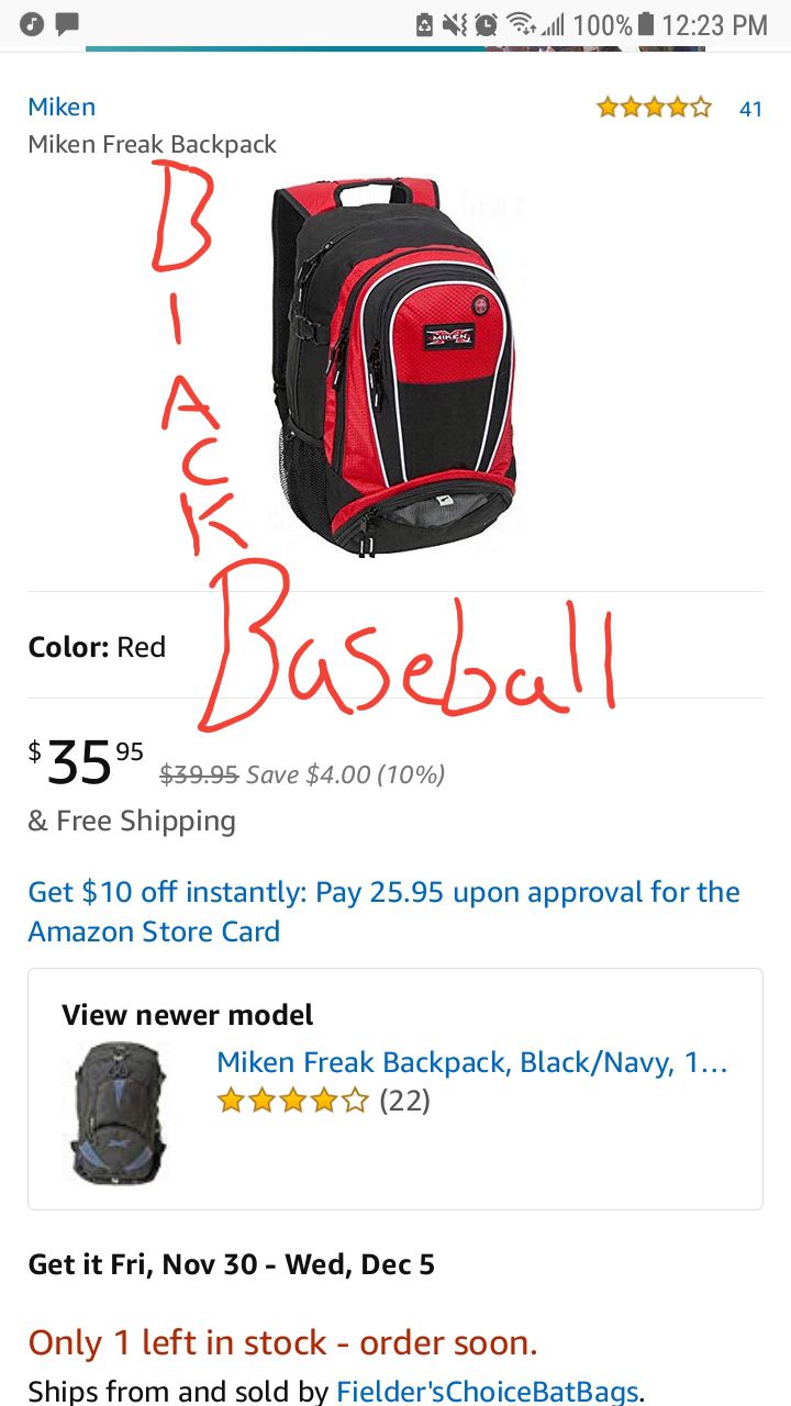 Miken freak backpack BLACK&SILVER 12"x13"x22" size Holds 4 bats