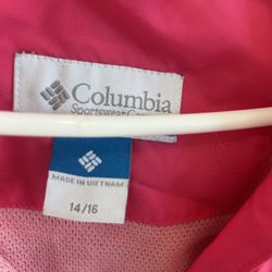 Columbia Girls Pink Hooded Rain Jacket Size L (14/16)