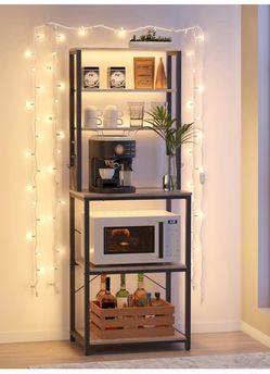Coffee Bar, 23.6 Inches Baker's Rack for Kitchen with Storage, 6-Tier Kitchen Shelves with 6 Hooks, Microwave Stand, Industrial, Heather Greige and In