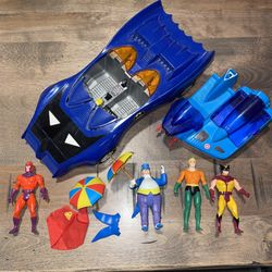 Vintage Batmobile And Marvel Super Heroes Turbo Cycle With Figurines