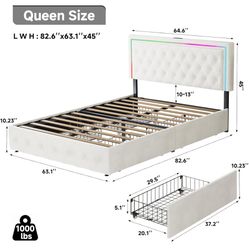 Queen Size Velvet & 4 Storage Bed Frame Cream Color 
