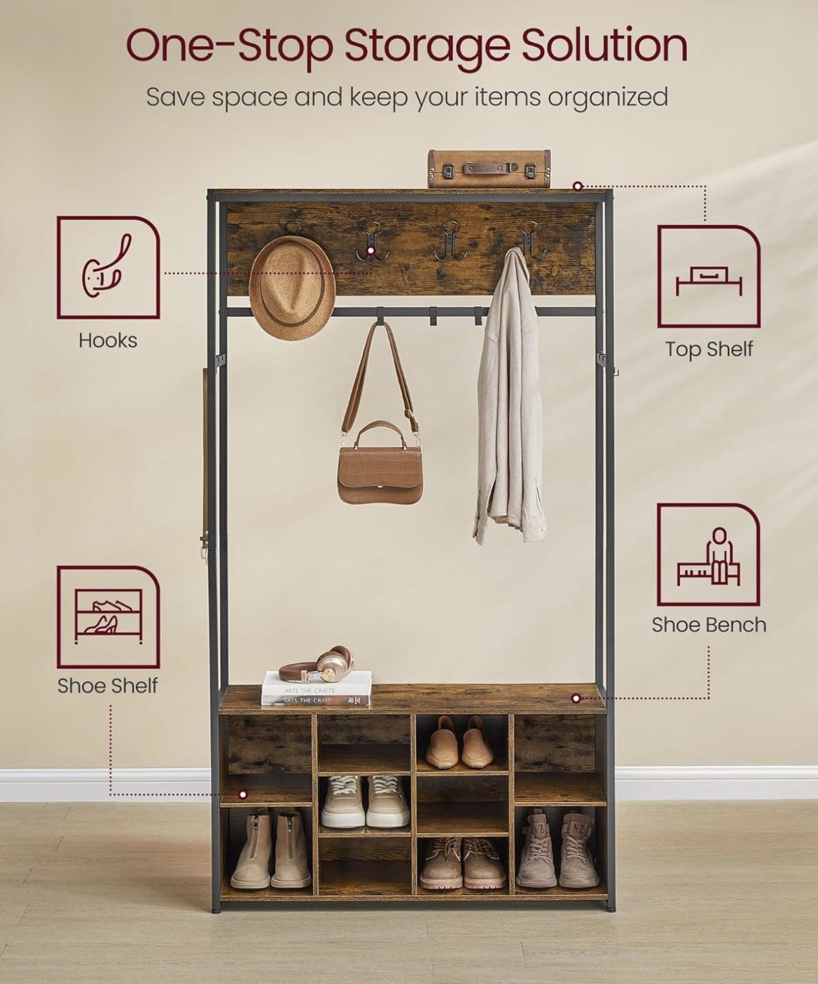 Hall Tree with Bench and Shoe Storage Coat Rack with Shoe Bench Entryway Furniture Open Compartments Industrial Style Space Saving Rustic Brown