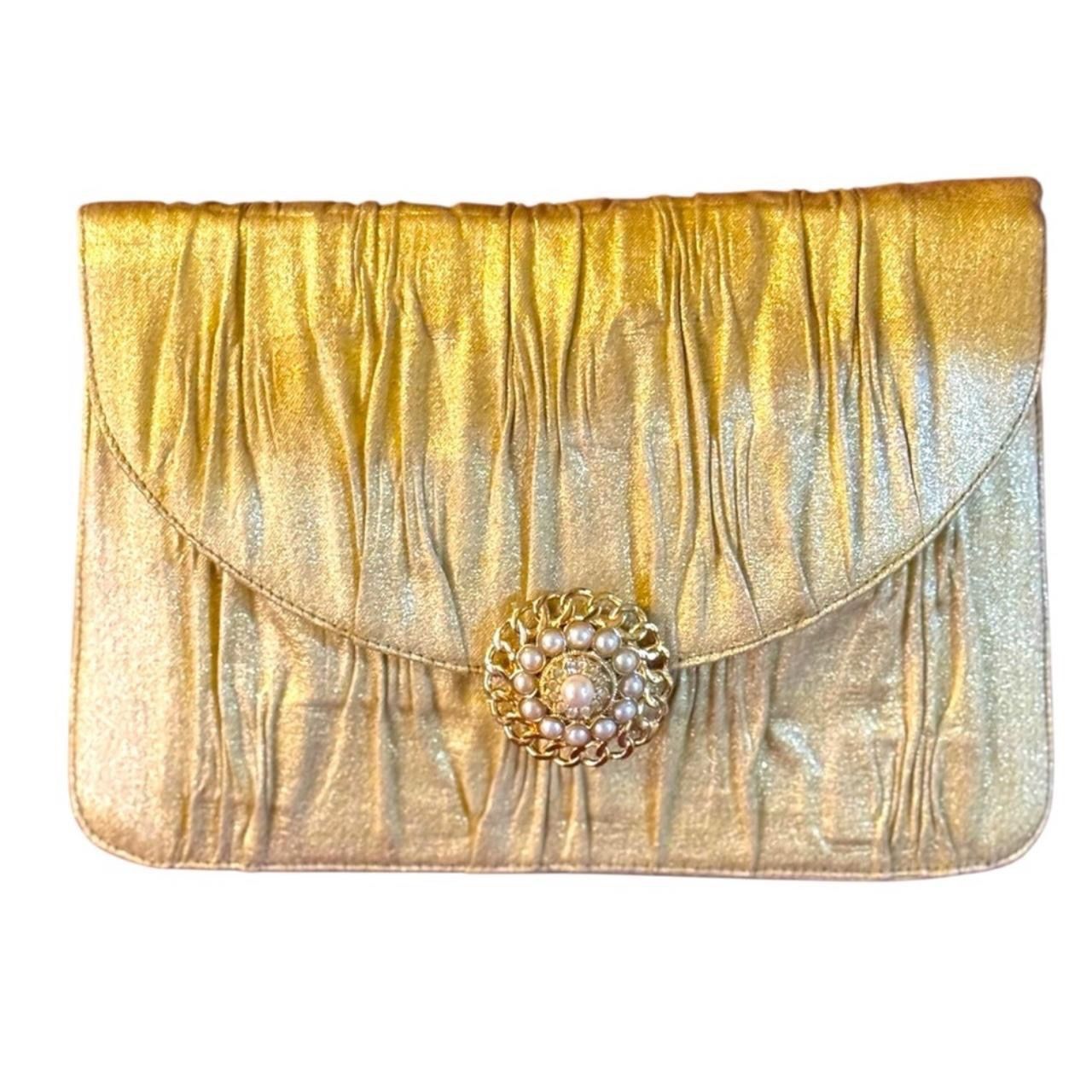 LOU TAYLOR 60’s Upcycled Gold Lamé Hand Clutch w/24K Gold Swivel Mirror Italy