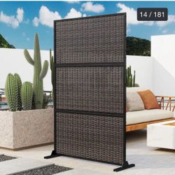 Outdoor Free Standing Metal Privacy Screen - Rattan - Gray Brown-Rattan