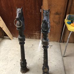 Antique Cast Iron Hitching Post Pair 