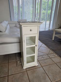 White Accent Cabinet / Side Table with Glass Door & Storag