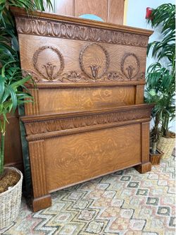 Antique Victorian Carved Oak High Back Queen Bed