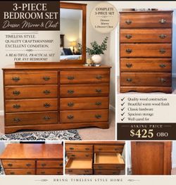 3-Piece Wood Bedroom Set – Dresser, Mirror & Chest