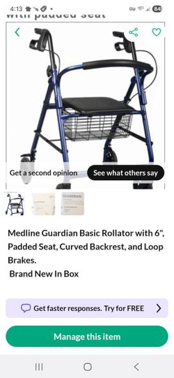 Medline Guardian Basic Rollator with 6", Padded Seat, Curved Backrest, and Loop Brakes.  Brand New In Box 