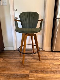 Green Leather Swivel Bar Stool with Arms