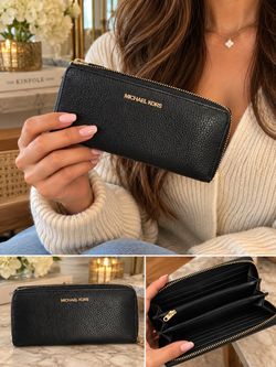 Michael Kors Black Pebbled Leather Zip-Around Continental Wallet – Gold Hardware