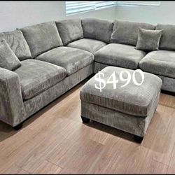 Brand New 4-Pc Gray Corduroy Sectional Sofa With Ottoman ✅No Tax ✅
