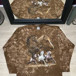 Vintage 1990s Wild Horses Portrait Nature Long Sleeve Shirt