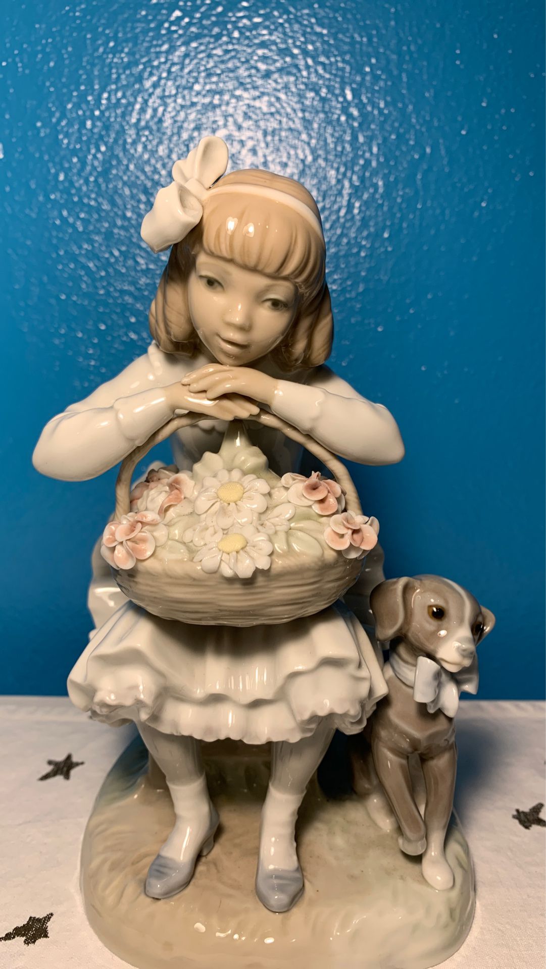 Lladro Girl Sitting with Dog flora basket Porcelain Figurine
