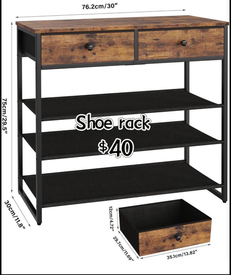 😀 Shoe Rack, 4 Tier Shoe Storage Organizer with 2 Drawers, 12-16 Pairs of Shoes, Metal Shoe Storage Shelf with 3 Oxford Fabric Shelves and Wooden Top