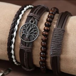 4pcs/Set Braided Wrap Leather Bracelets - Vintage, Life Tree, Rudder