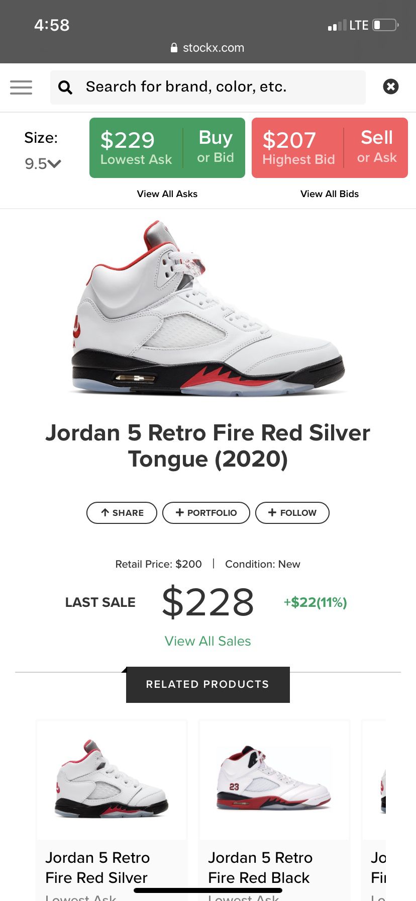 Jordan 5 Fire Red size 9.5