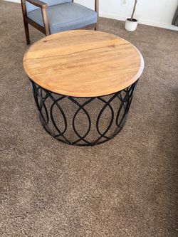 Rustic Round Wood & Metal Coffee Table