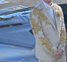Egara  beige Custom suit with gold embroidery
