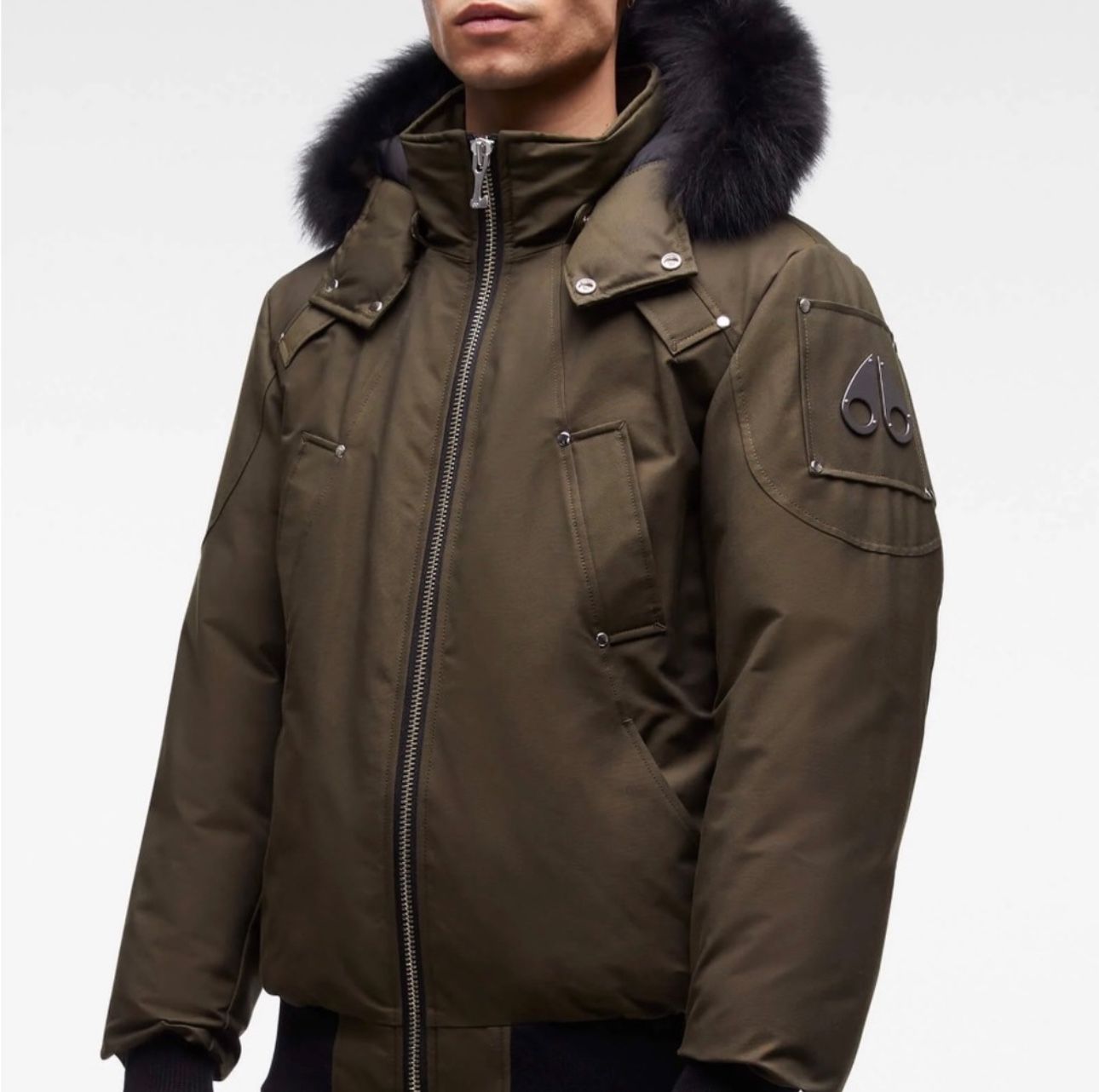 Moose Knuckles Ballistic Bomber Jacket - Khaki with Black Fox Fur Hood