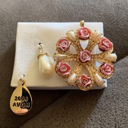 Avon Brooch Pin Pink Roses Faux Pearls Removable Charm Presidents