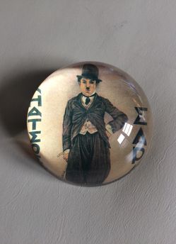 ”CHARLIE CHAPLIN” .Durwin Rice Artist Decoupage Glass Crystal Domed Paperweight State Island NY.