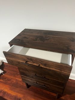 Dark walnut 4-drawer mid-century modern chest.