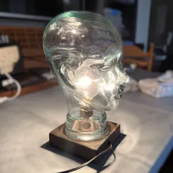 Glass Mannequin Head Table Desk Lamp Green Tint Wood Base Industrial Decor