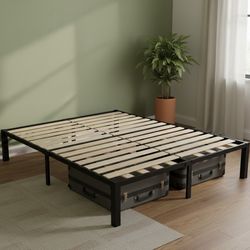 14 inch Queen Size Bed Frame with Wood Slats - 3500lbs Heavy Duty No Box Spring Needed Platform, Mat