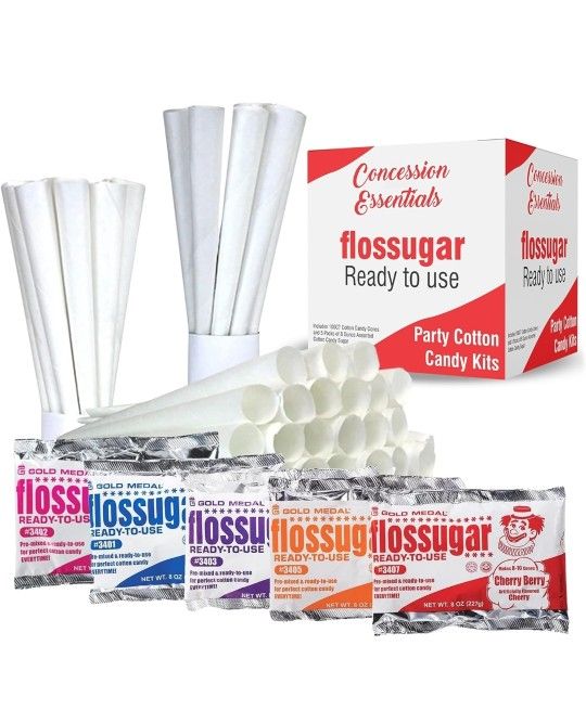 Concession Essentials New Carnival Party Cotton Candy Kits.Includes 100CT Cotton Candy Cones and 5 Packs of 8 Ounce Assorted Cotton Candy Sugar