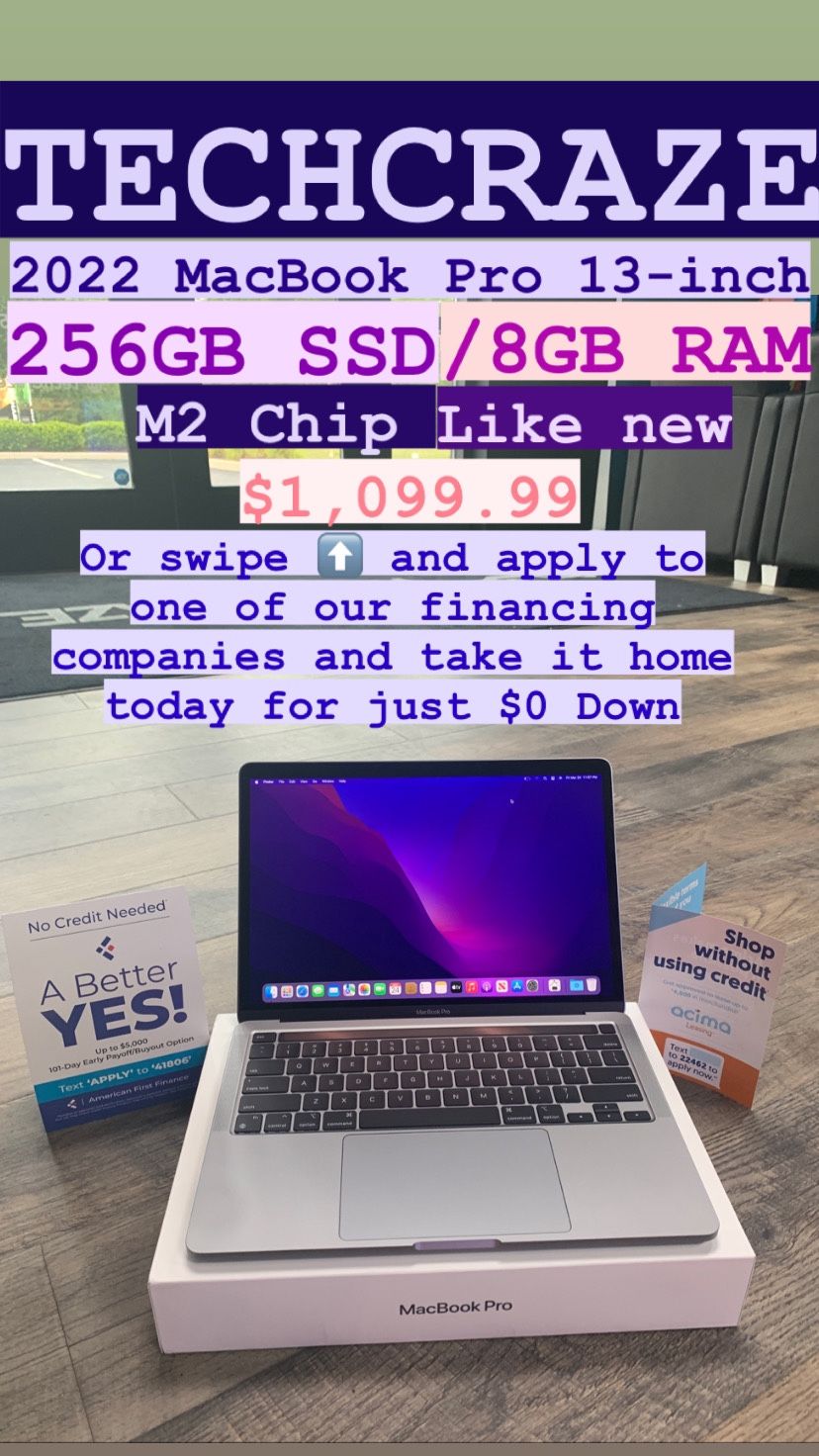 2022 MacBook Pro 13.3” M2 Chip 256GB SSD/8GB RAM Like New Condition 